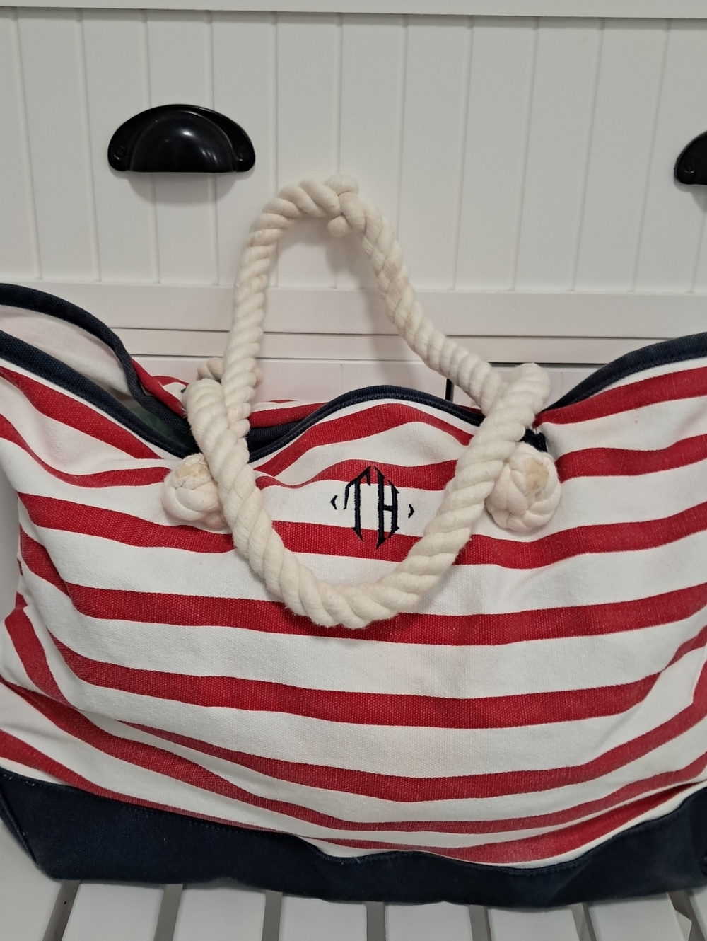 Tommy Hilfiger Red, White & Navy Striped Rope-Handle Tote Beach Bag